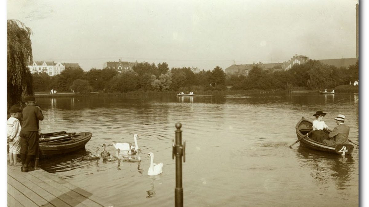 Dieses Bild vom Schreventeich vermutlich um 1910 zeigt wahrscheinlich am linken Bildrand die Goethestraße 18 (Quelle Stadtarchiv)